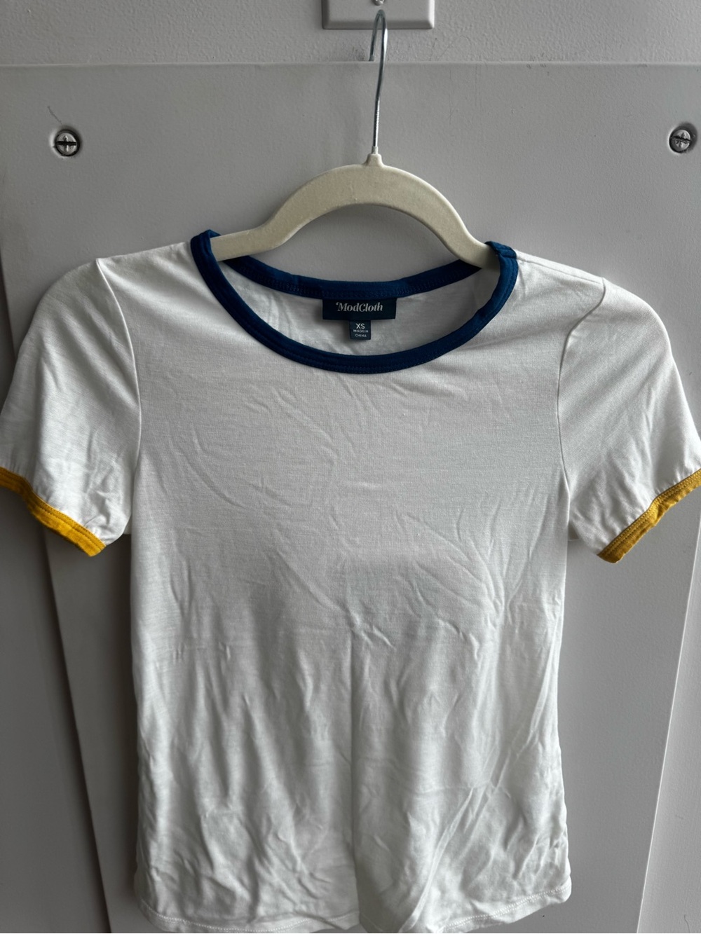 ModCloth White Ringer Tee Navy Yellow Trim Size XS - Picture 3 of 4